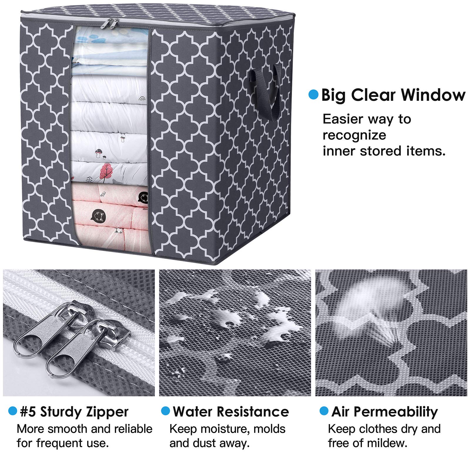 WISELIFE durable gray organizer fits blankets, pillows, sweaters.
