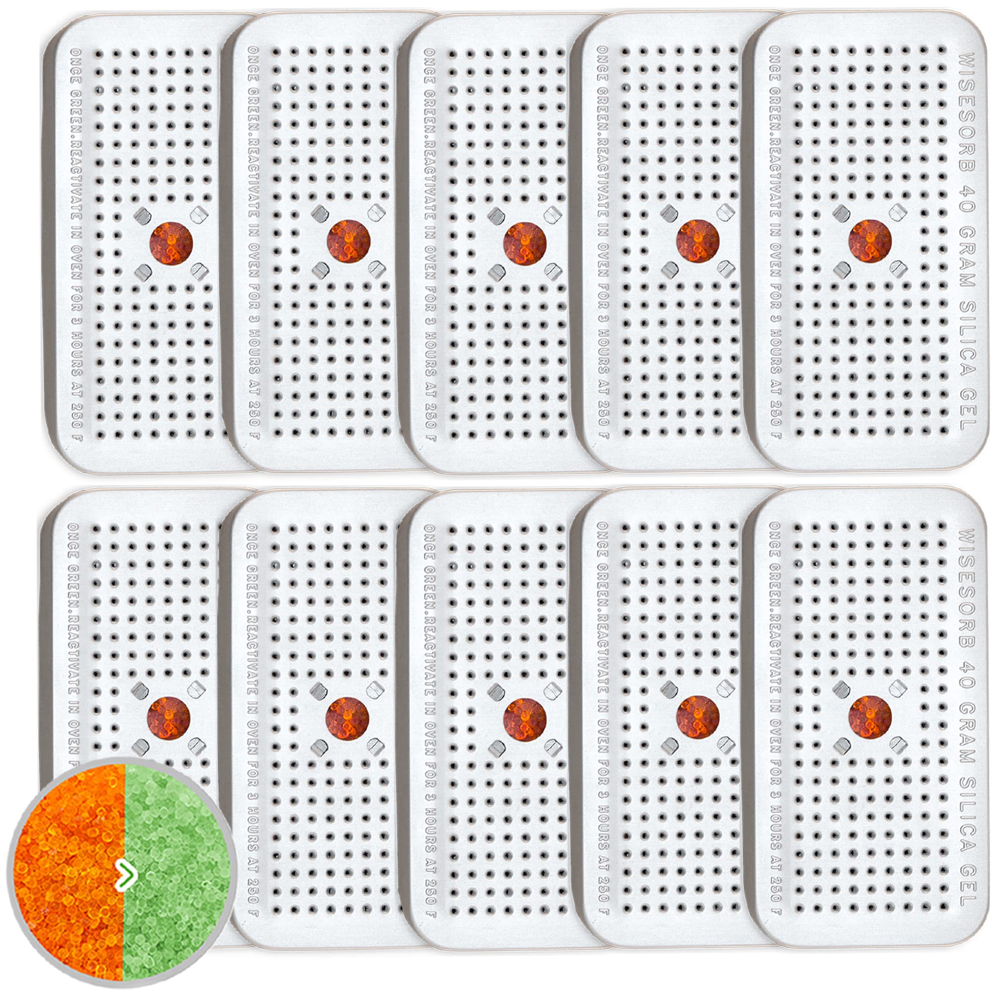 Wisesorb silica gel canister with orange-to-green indicator shows moisture level for safes and closets