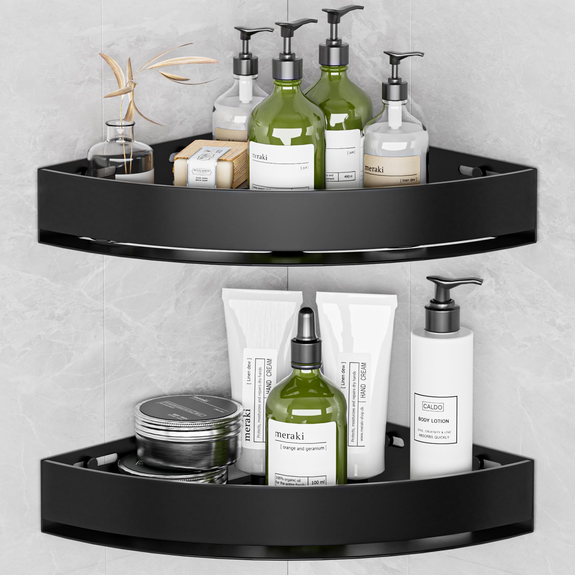 Wisfame black corner shower caddy with dual shelves for compact bathrooms, keeps bottles organized.