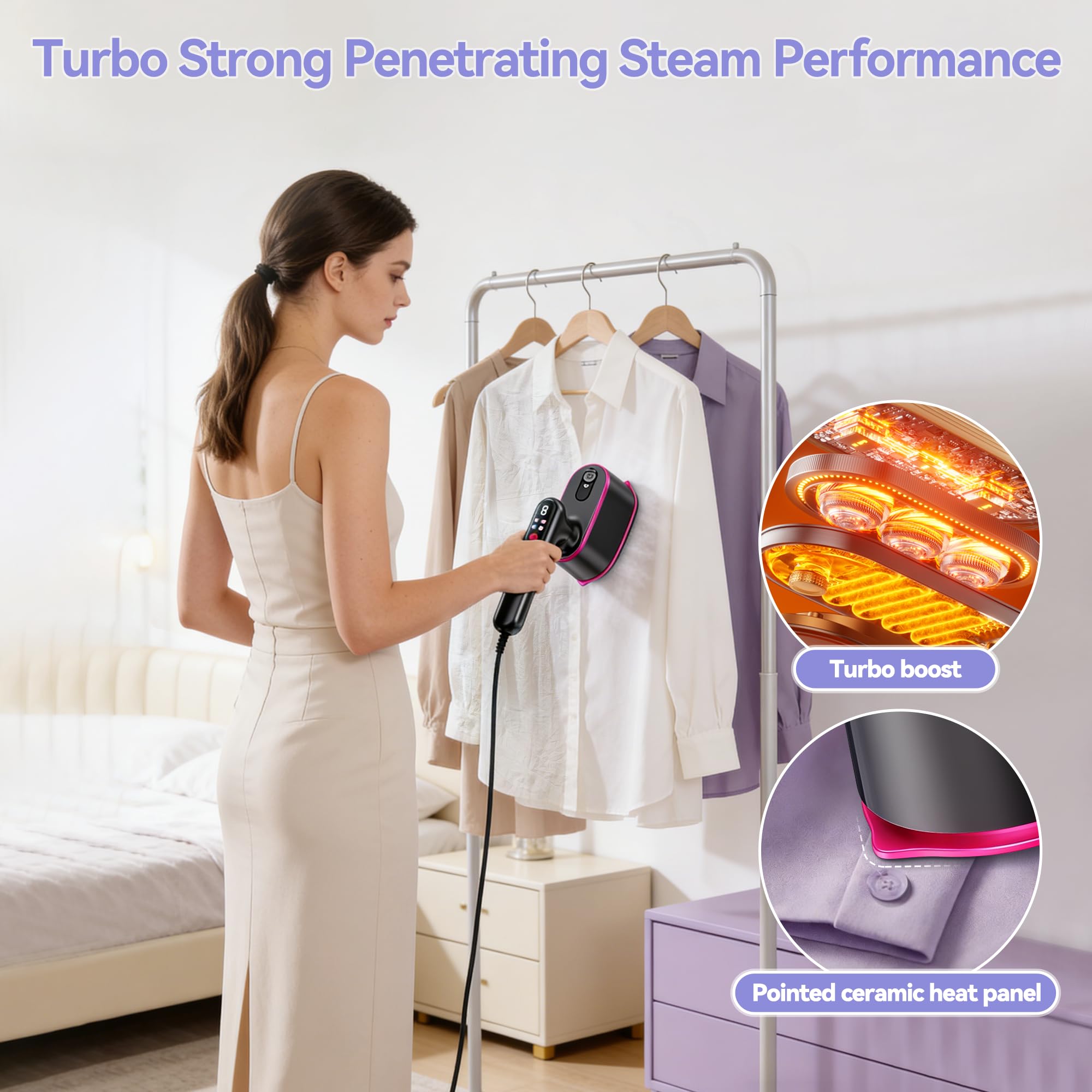WISHBAY Travel Steamer extended 8.2 ft cord for flexible movement.