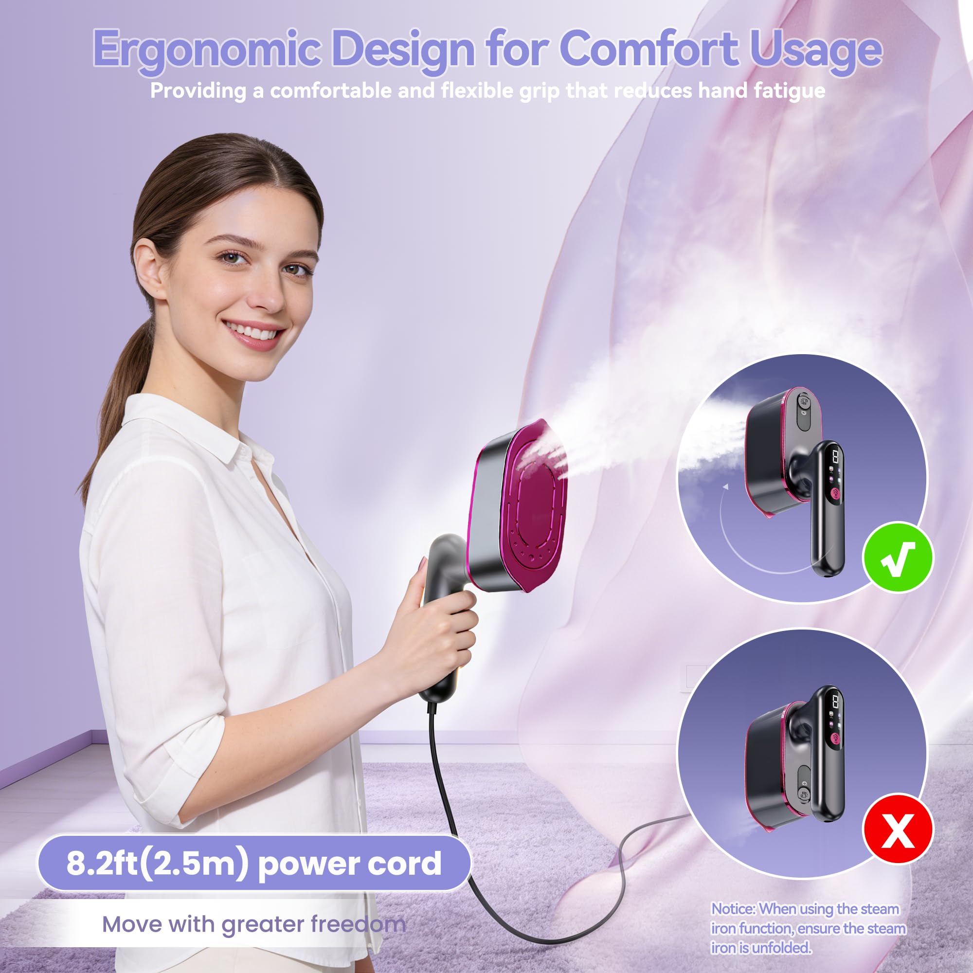 WISHBAY Travel Steamer LCD display with 4 fabric modes for safe settings.