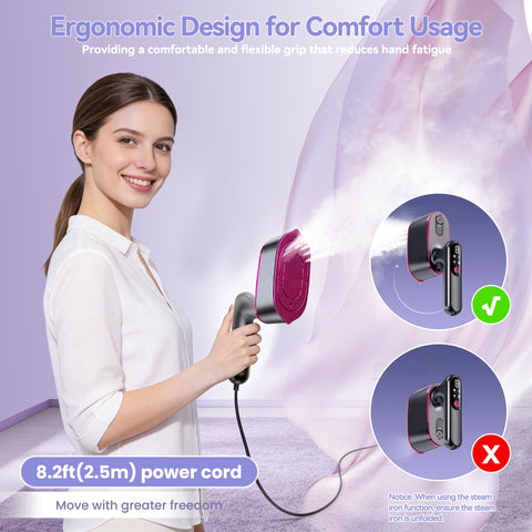 WISHBAY Travel Steamer LCD display with 4 fabric modes for safe settings.