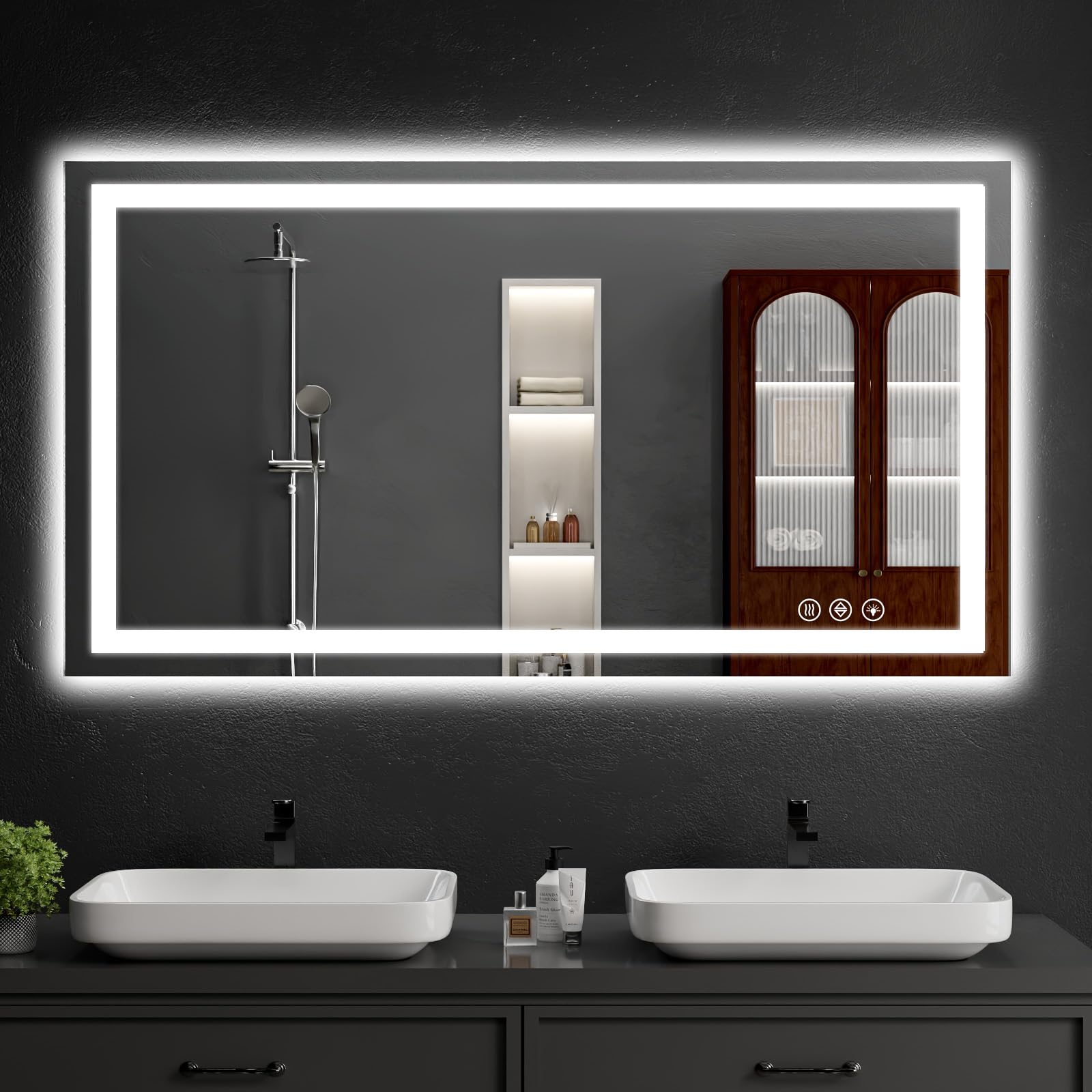WISSMIELS 30x48 LED mirror with backlit and front-lit for even makeup lighting.