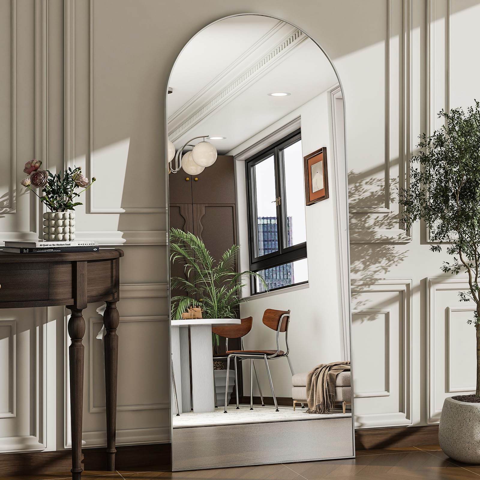 WISSMIELS arch full-length mirror provides full-body view for complete outfits.