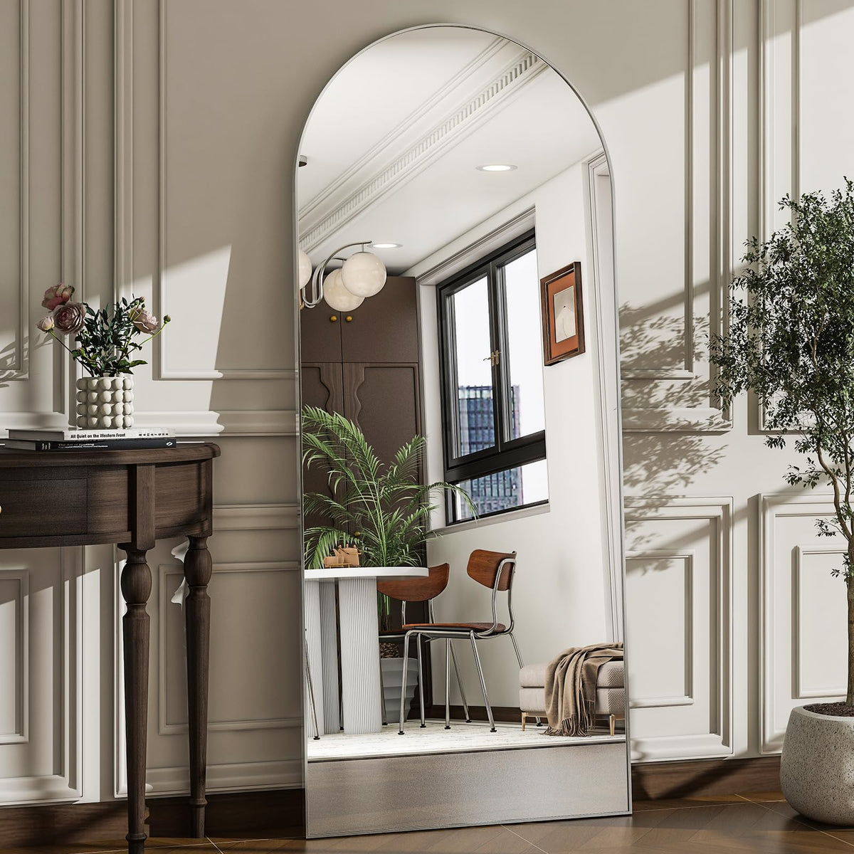 WISSMIELS arch full-length mirror provides full-body view for complete outfits.