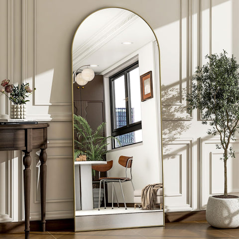 WISSMIELS 57x20 arched full-length mirror offers a full-body view for outfit checks.