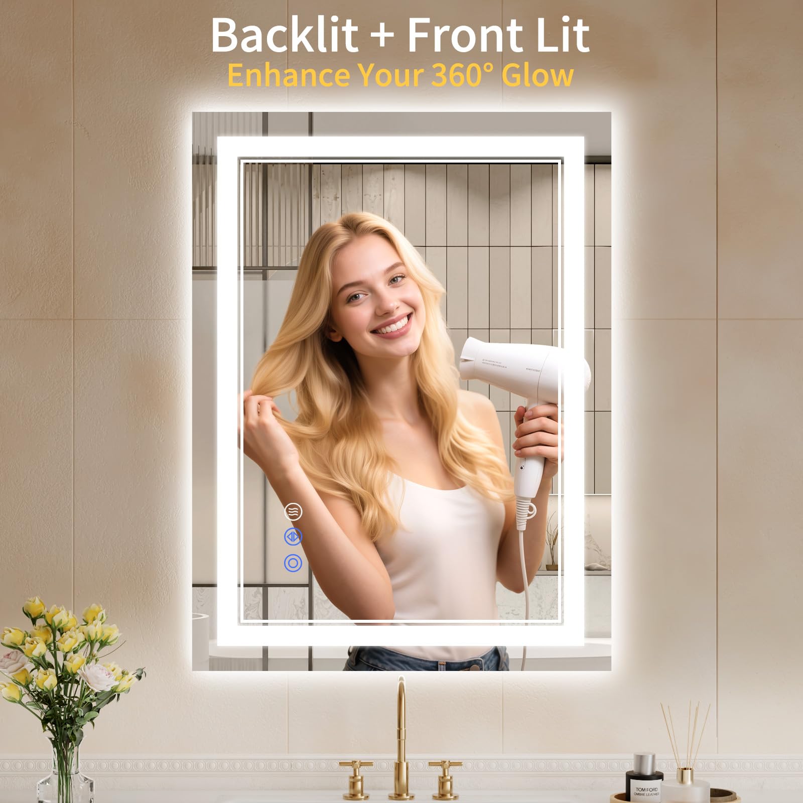 WISSMIELS anti-fog mirror keeps reflections clear after showers.