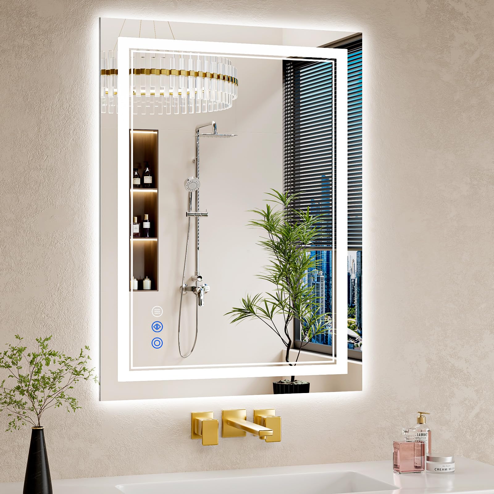 WISSMIELS bathroom mirror shows backlit and front-lit glow for bright makeup tasks.
