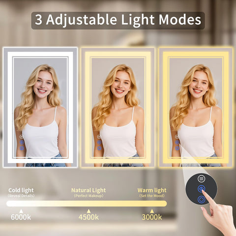 WISSMIELS dimmable three-color LED mirror for warm, neutral, or cool lighting.