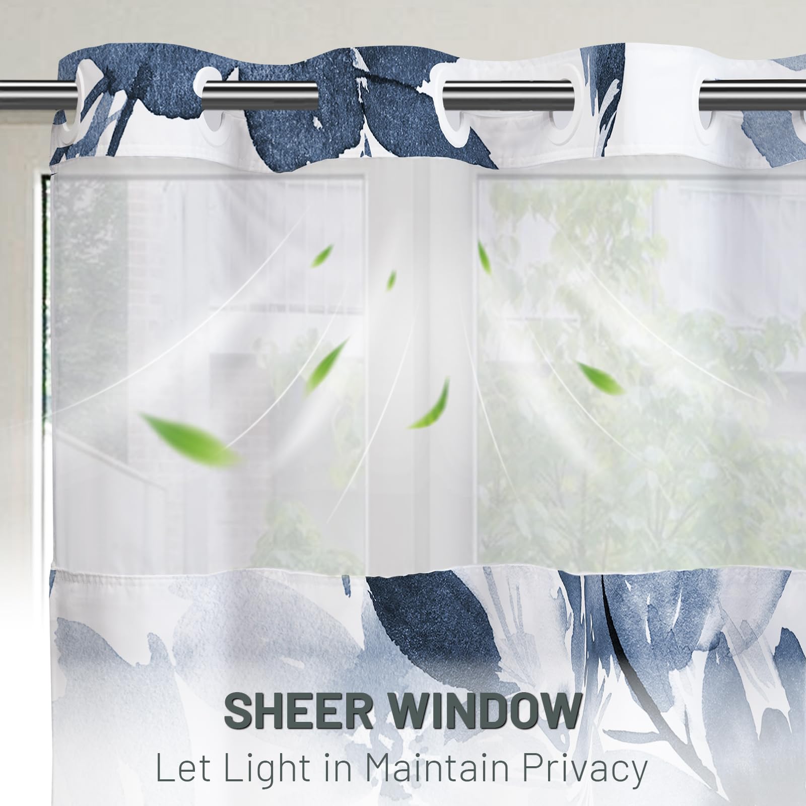 Floral navy blue plants pattern on WithLOC curtain for stylish bathroom decor