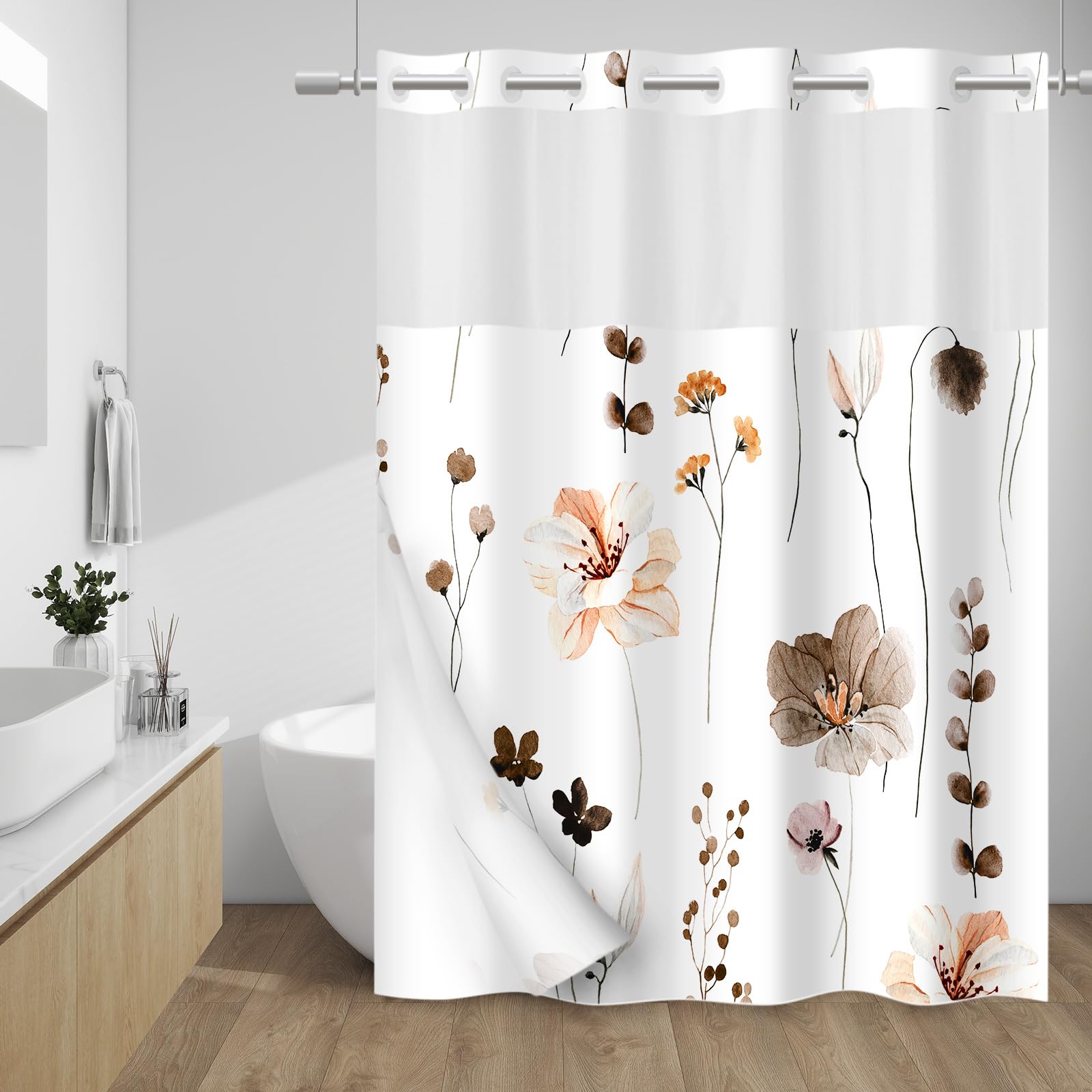 WITHLOC No Hook shower curtain with floral watercolor brown design enhances bathroom style.