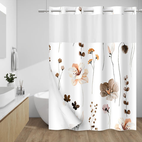 WITHLOC No Hook shower curtain with floral watercolor brown design enhances bathroom style.
