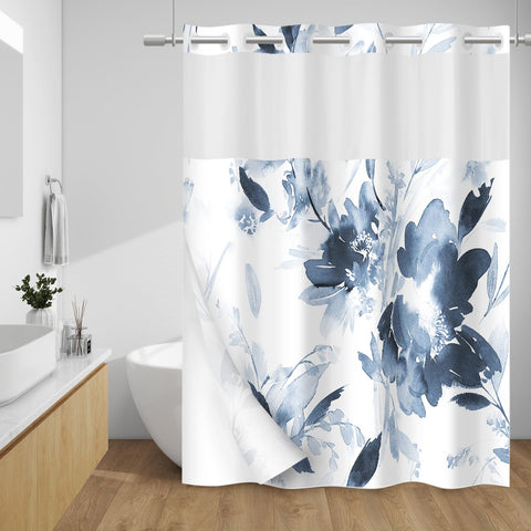 WithLOC No Hook shower curtain with snap-in liner showcases floral navy design for easy hanging