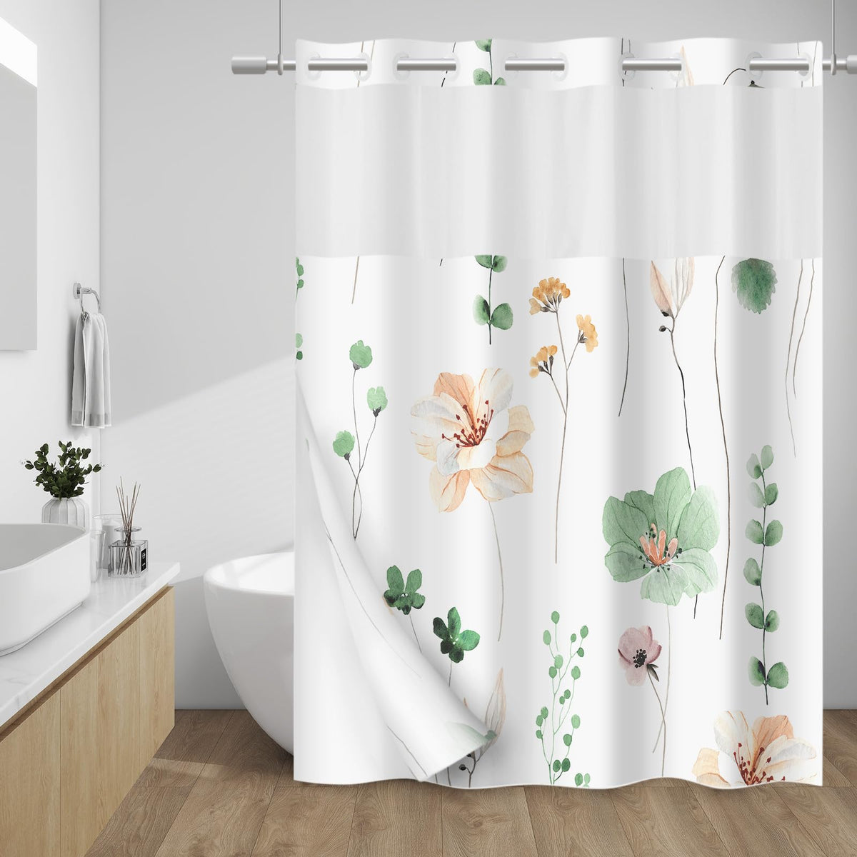 WITHLOC no-hook shower curtain with split rings in floral sage green design