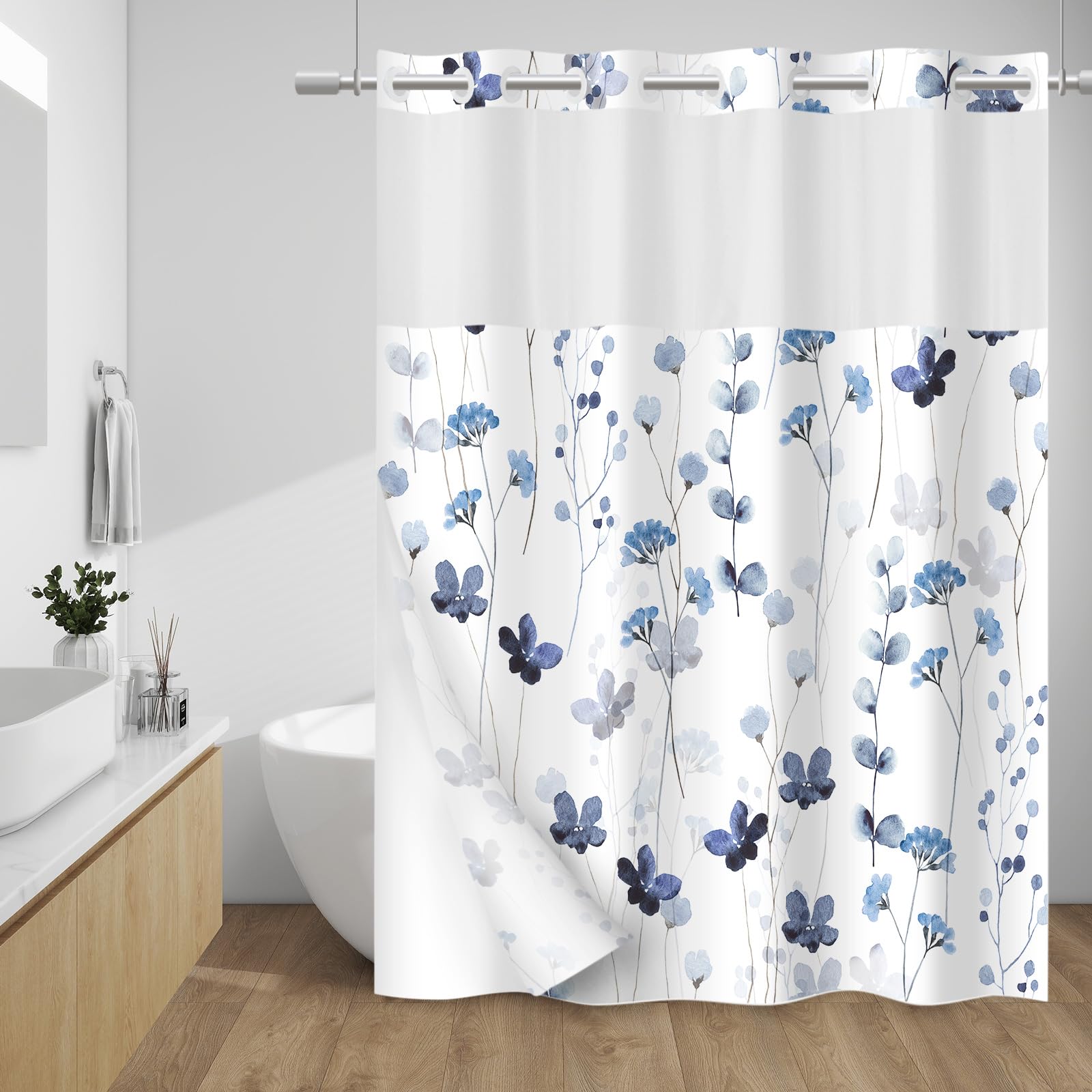 WITHLOC no-hook shower curtain front view for easy setup.