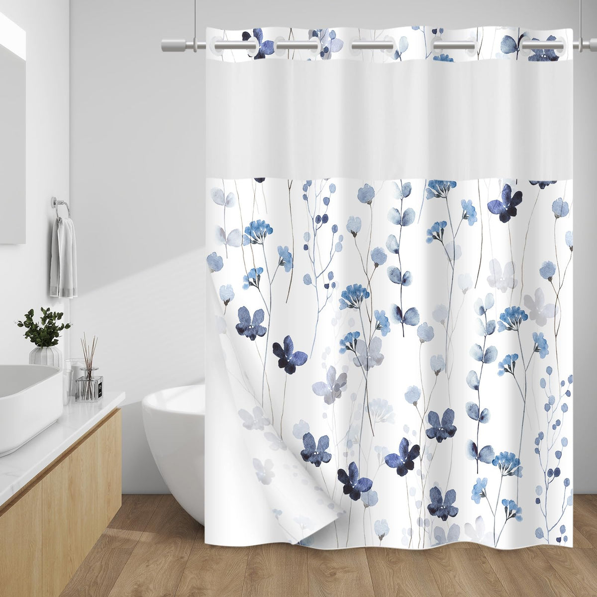 WITHLOC no-hook shower curtain front view for easy setup.