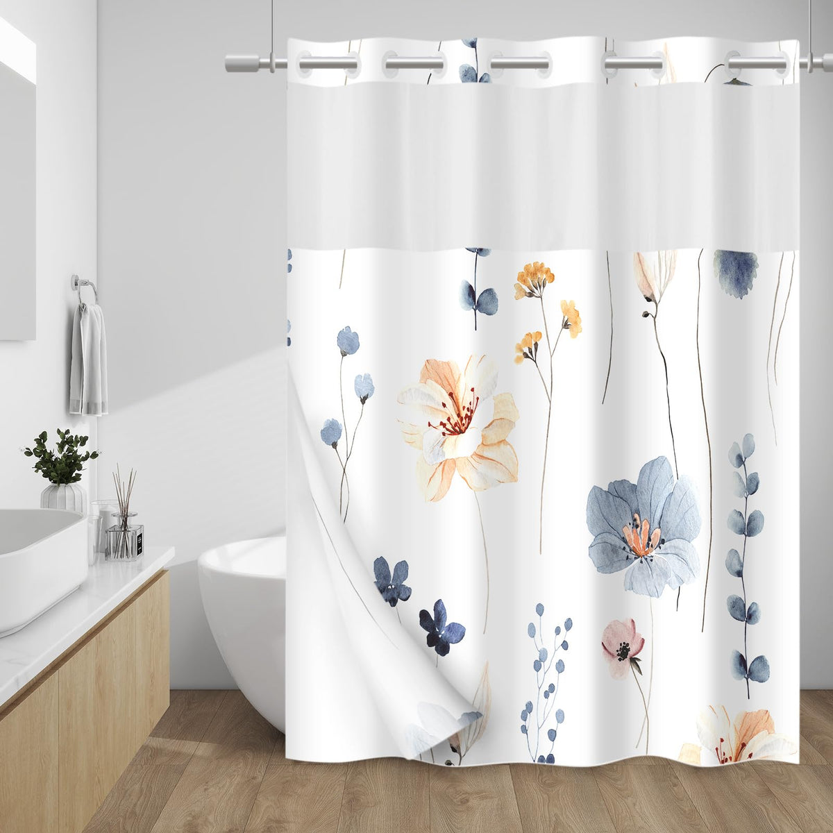 WITHLOC No Hook Shower Curtain watercolor floral pattern brightens bath