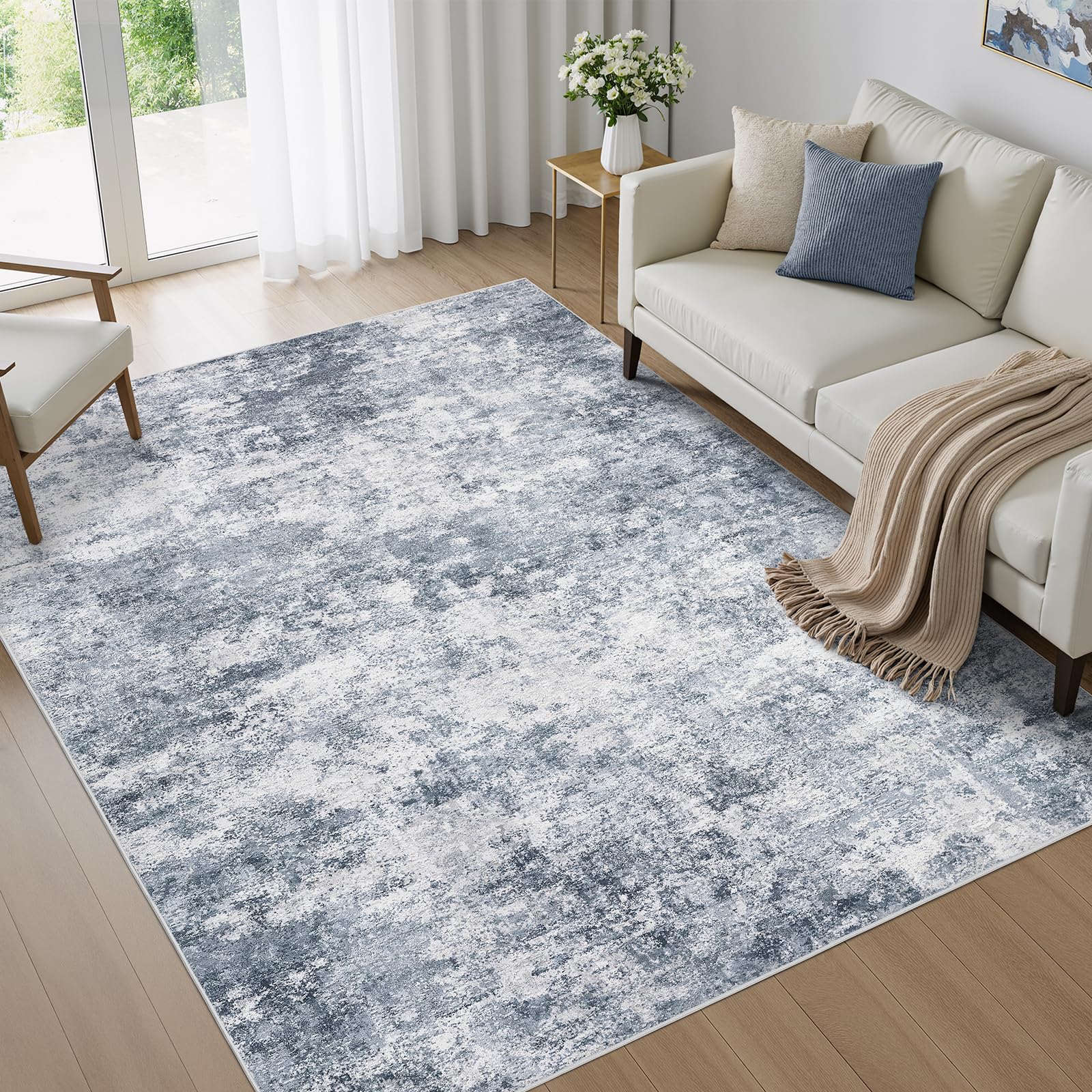 WITSHOCK 5x7 blue rug in living room showing non-slip backing and cozy texture