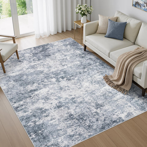 WITSHOCK 5x7 blue rug in living room showing non-slip backing and cozy texture