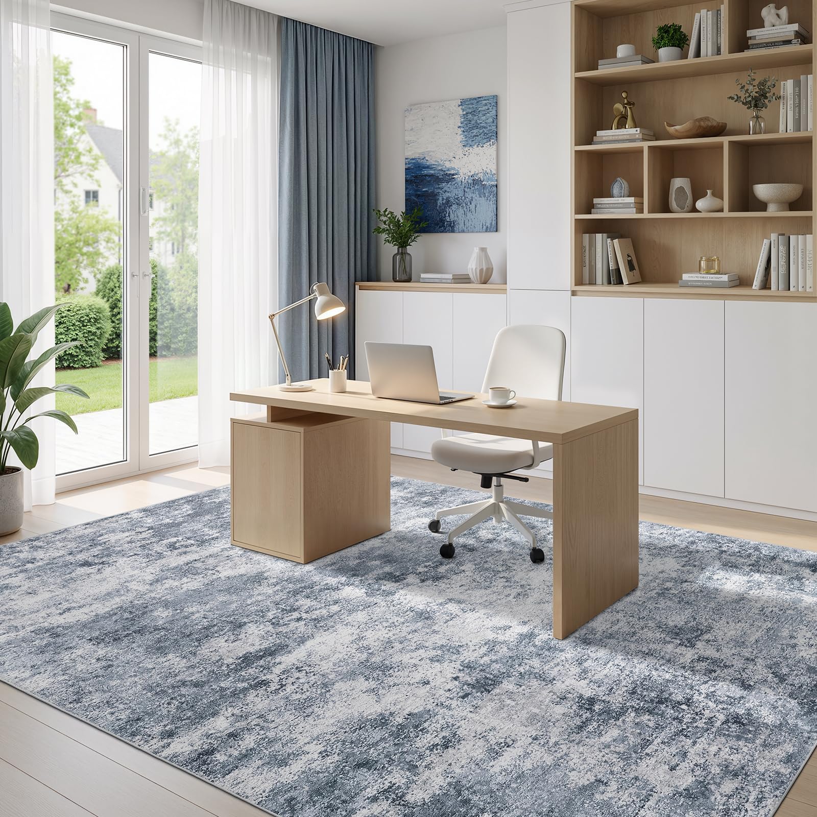 WITSHOCK blue machine-washable rug ready for easy cleanup