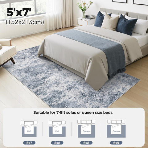 WITSHOCK blue area rug with non-slip backing stabilizing on wood floor
