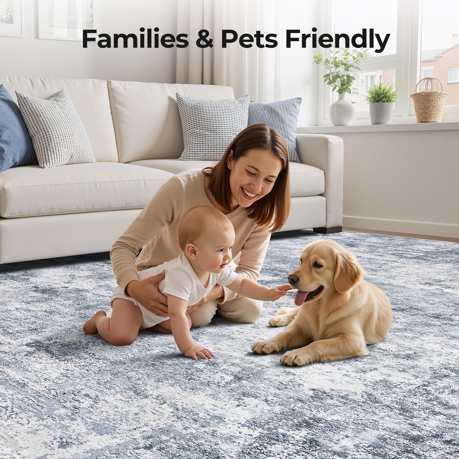 WITSHOCK blue pet-friendly microfiber rug minimizes hair buildup