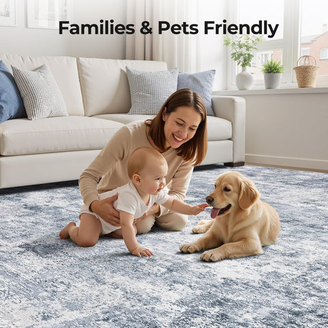 WITSHOCK blue pet-friendly microfiber rug minimizes hair buildup