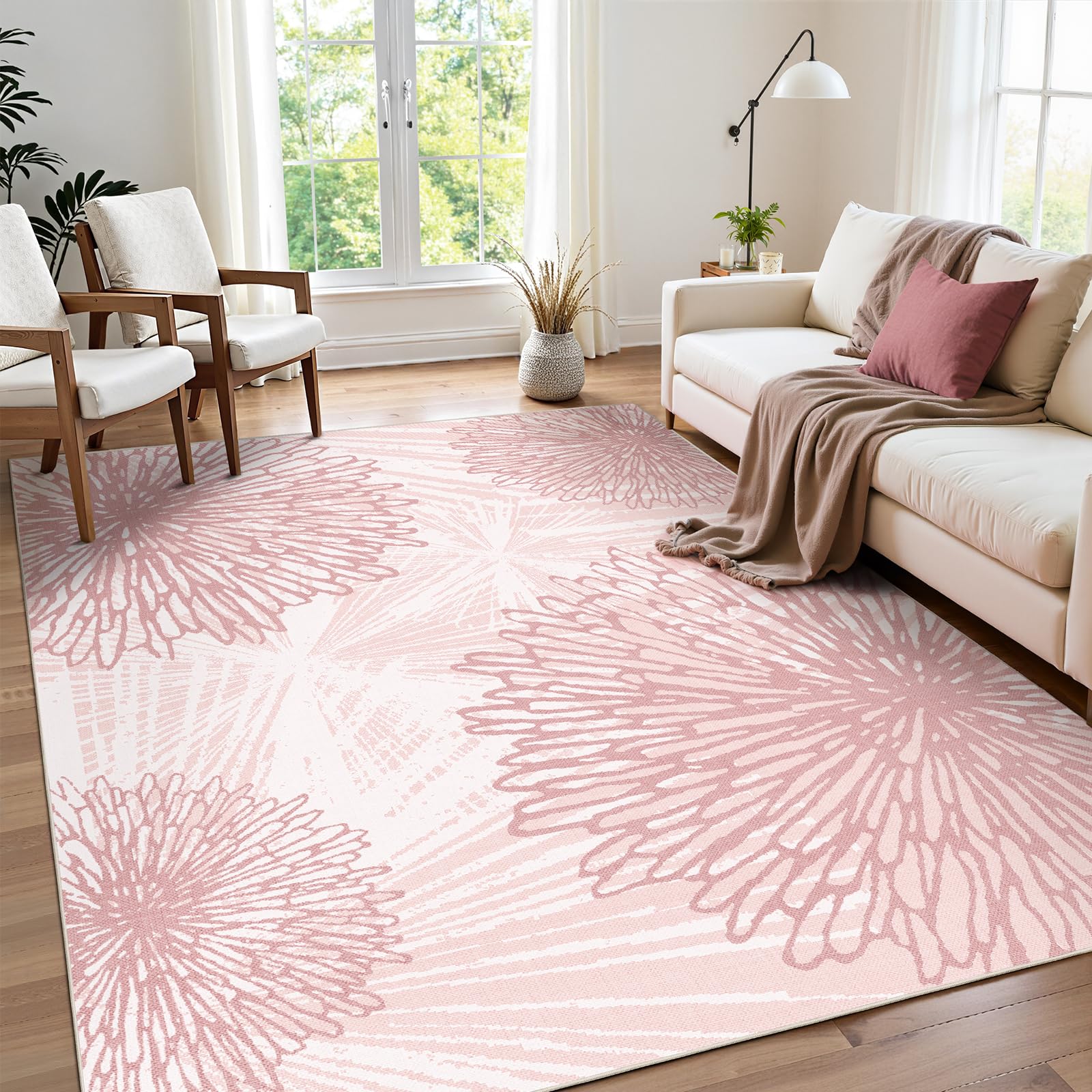 WITSHOCK pink boho floral rug 5x7 adds soft warmth to bedrooms.