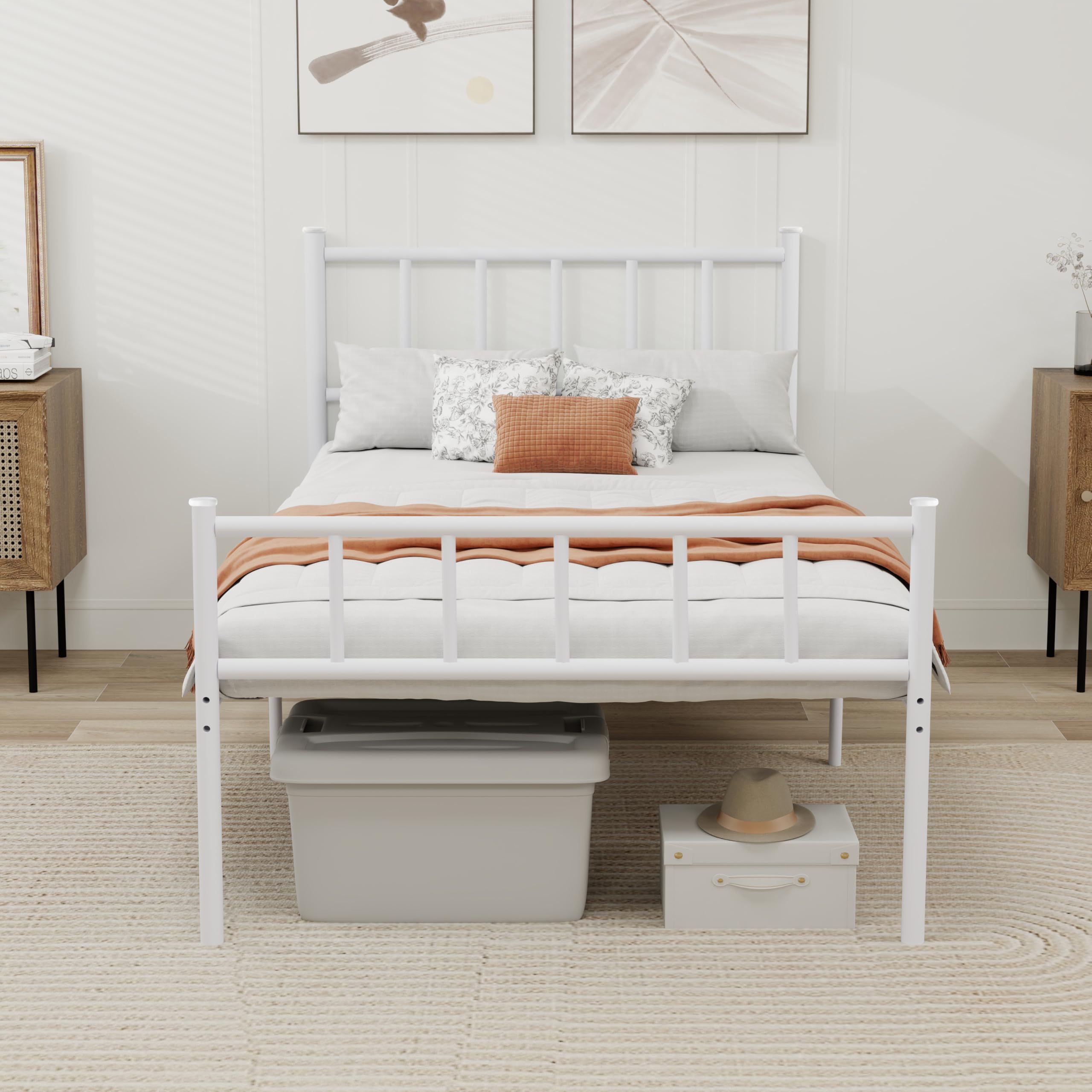 WJORATA metal platform twin bed frame with headboard, white finish, sturdy support