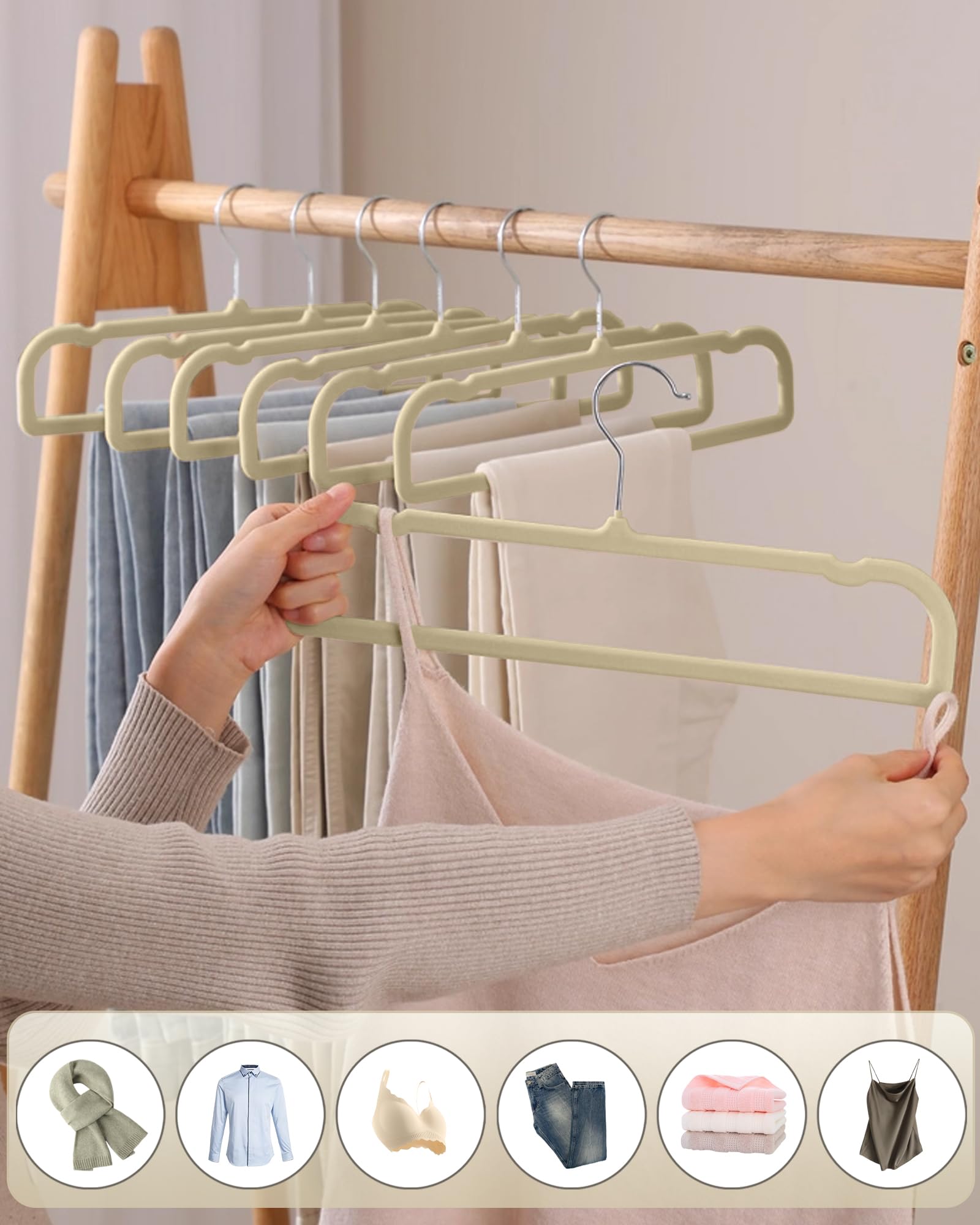 WJWSKI velvet hangers with 360-degree swivel hook for easy access.