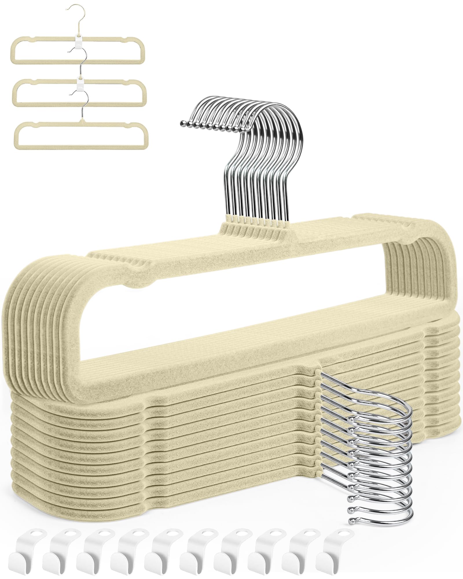 WJWSKI velvet non-slip hangers with beige finish and a silver hook for secure pants storage.