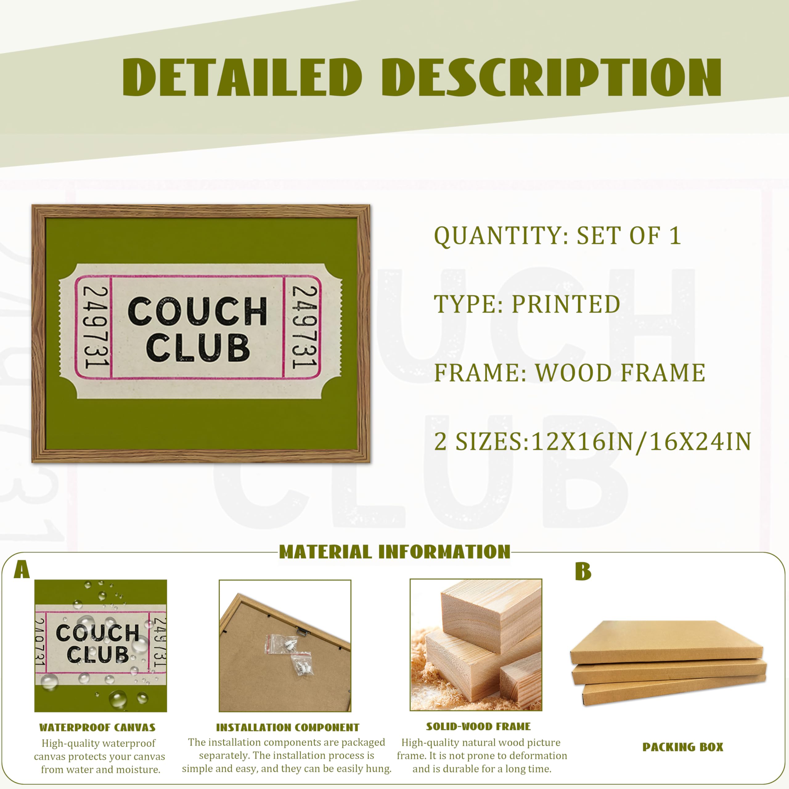 WLHARTT couch club ticket canvas design provides playful typography for casual spaces.