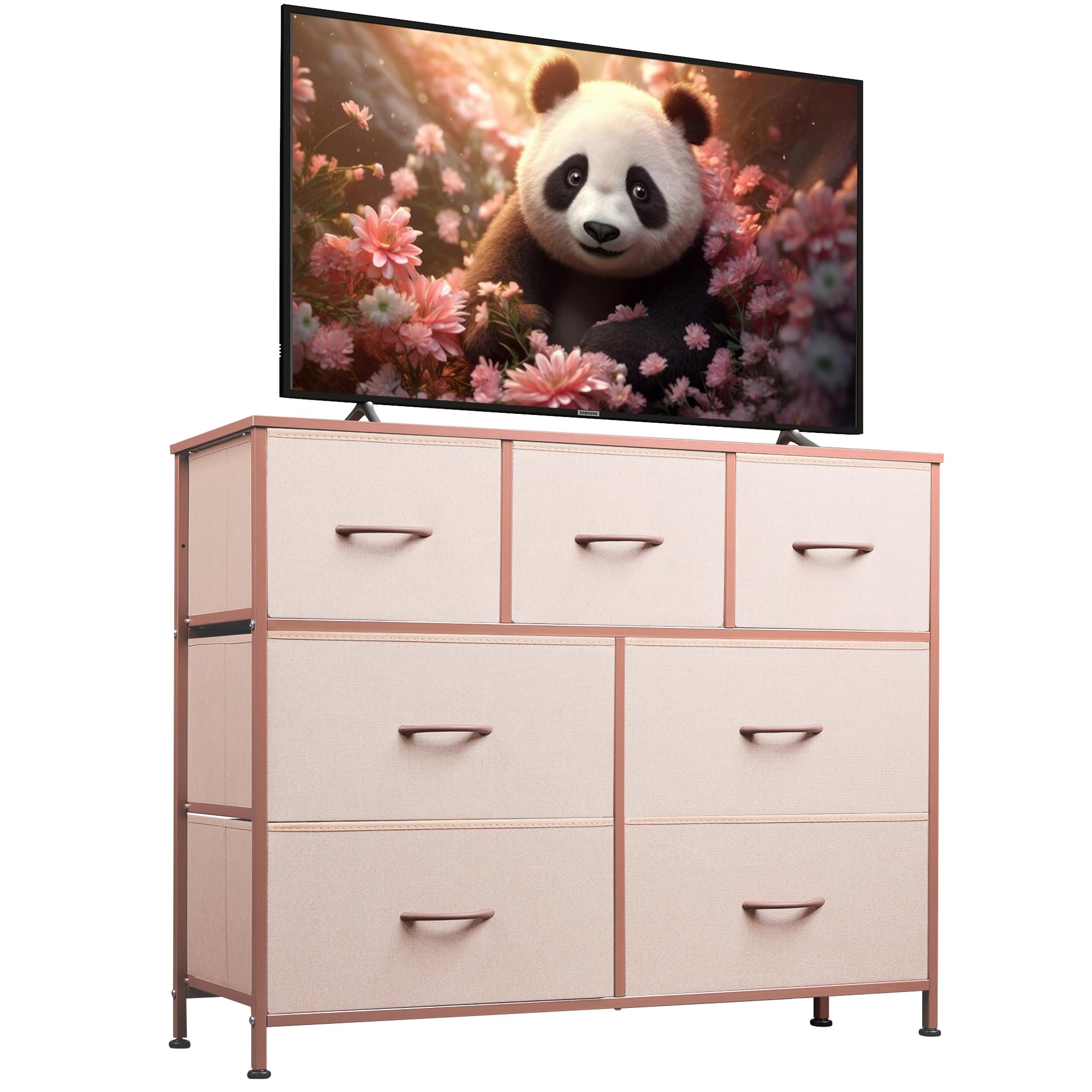 WLIVE 7-drawer pink dresser with wood top offering spacious bedroom storage.