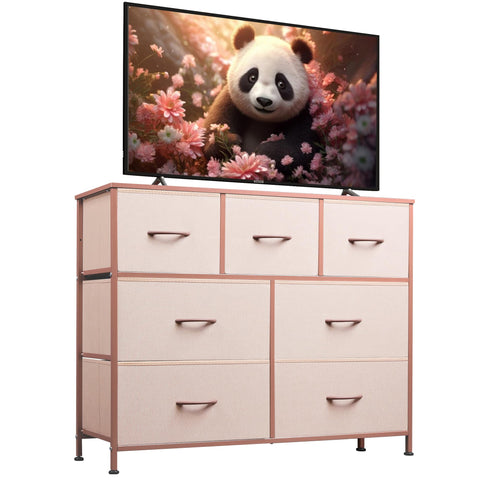 WLIVE 7-drawer pink dresser with wood top offering spacious bedroom storage.