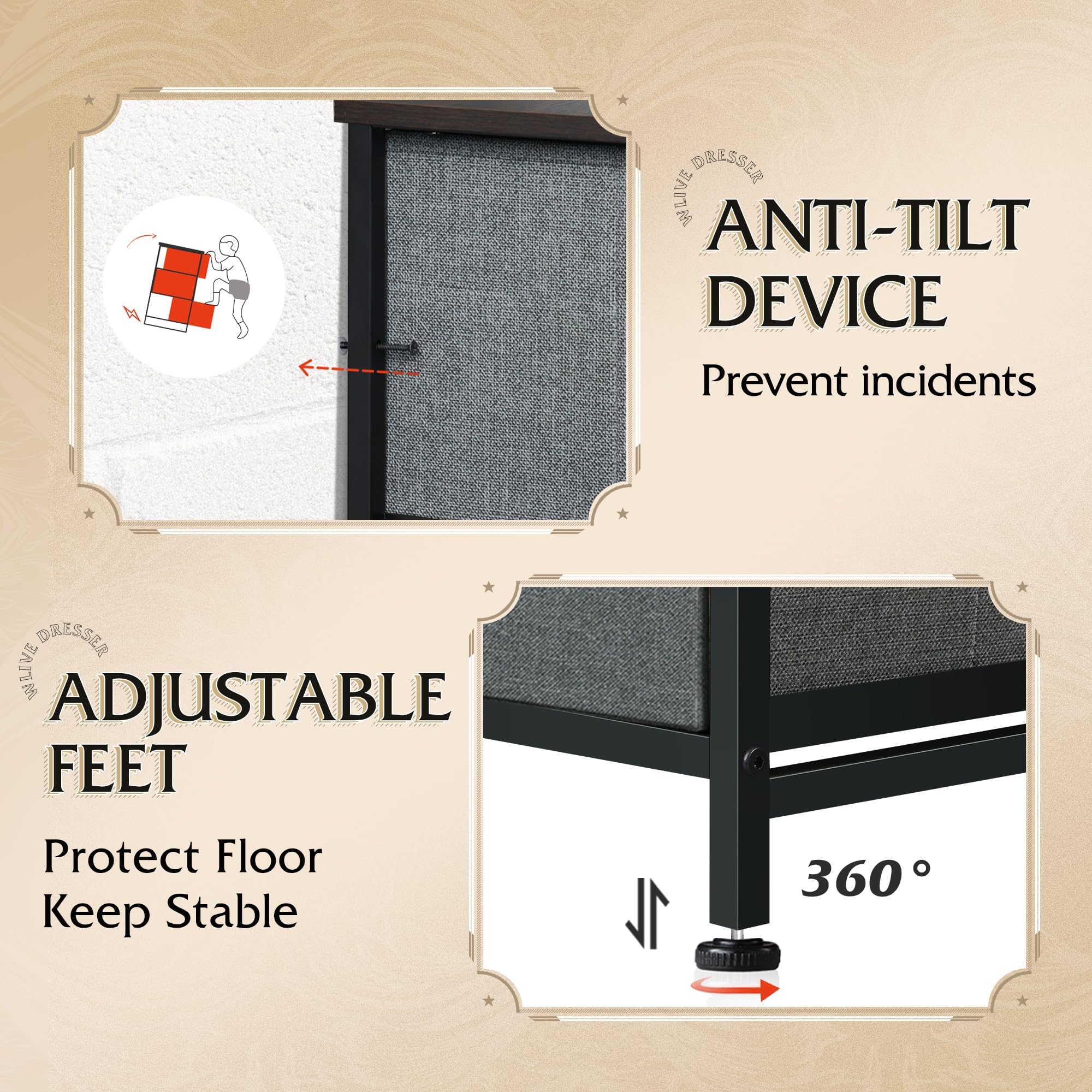 WLIVE 8-drawer chest with adjustable feet on uneven floors