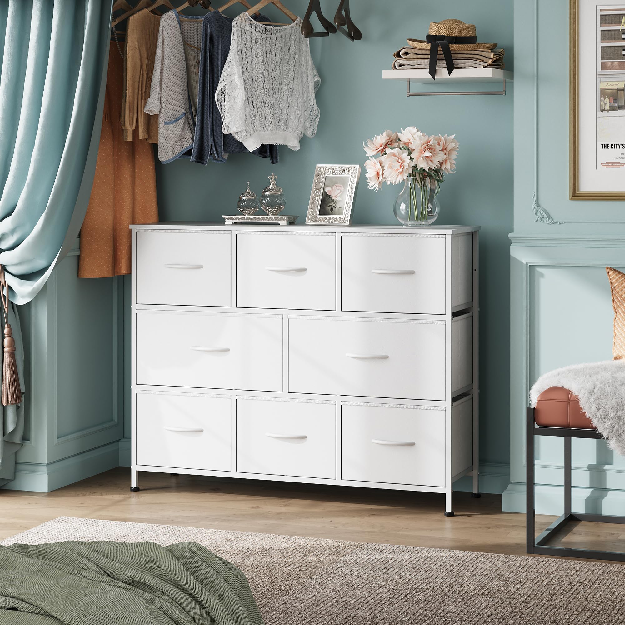 WLIVE 8-drawer dresser with drawers open to reveal deep storage space