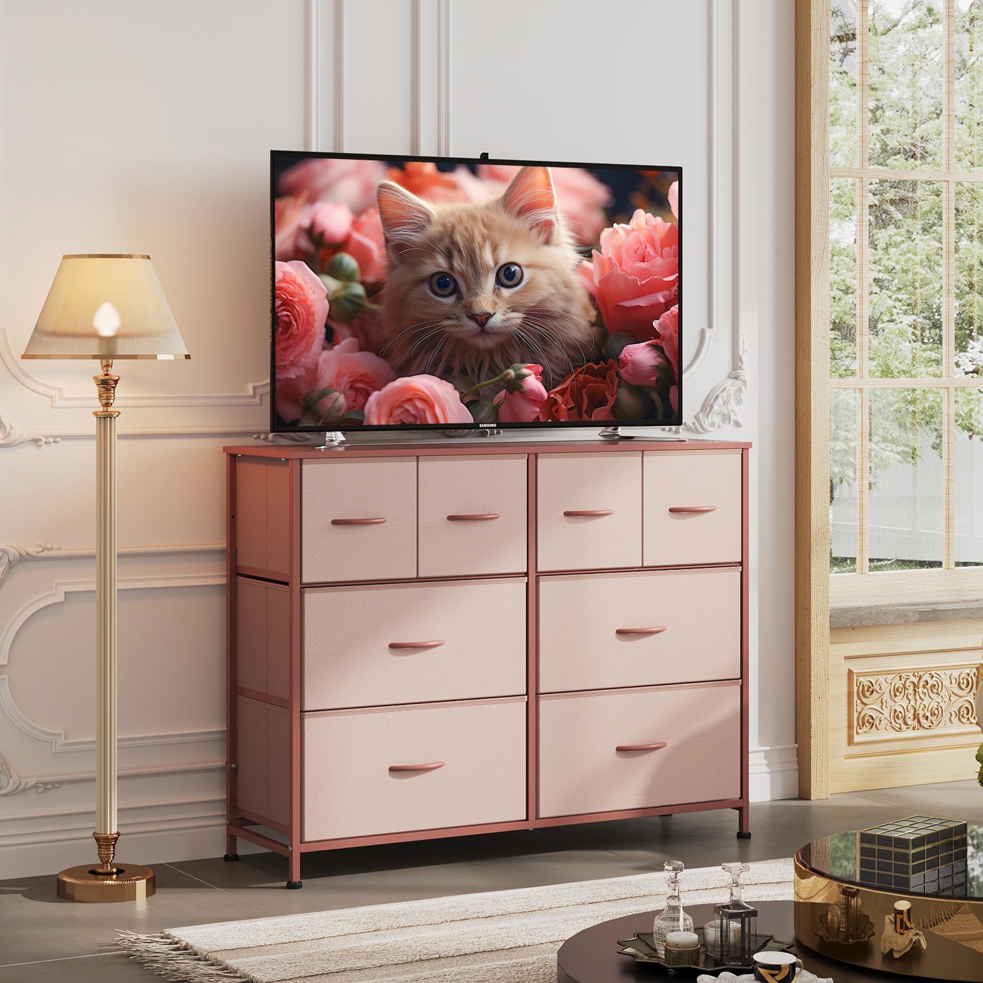 WLIVE 8-drawer dresser pink drawer-front closeup showing smooth operation.