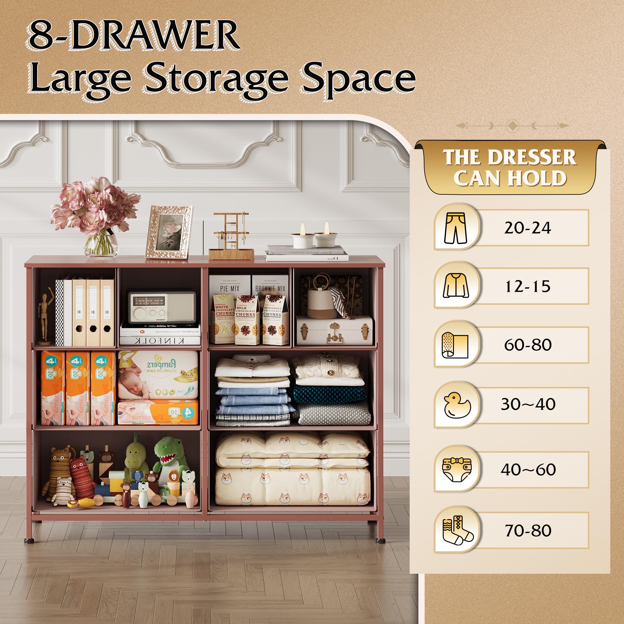 WLIVE 8-drawer dresser pink side-view highlighting fabric construction and sturdy frame.