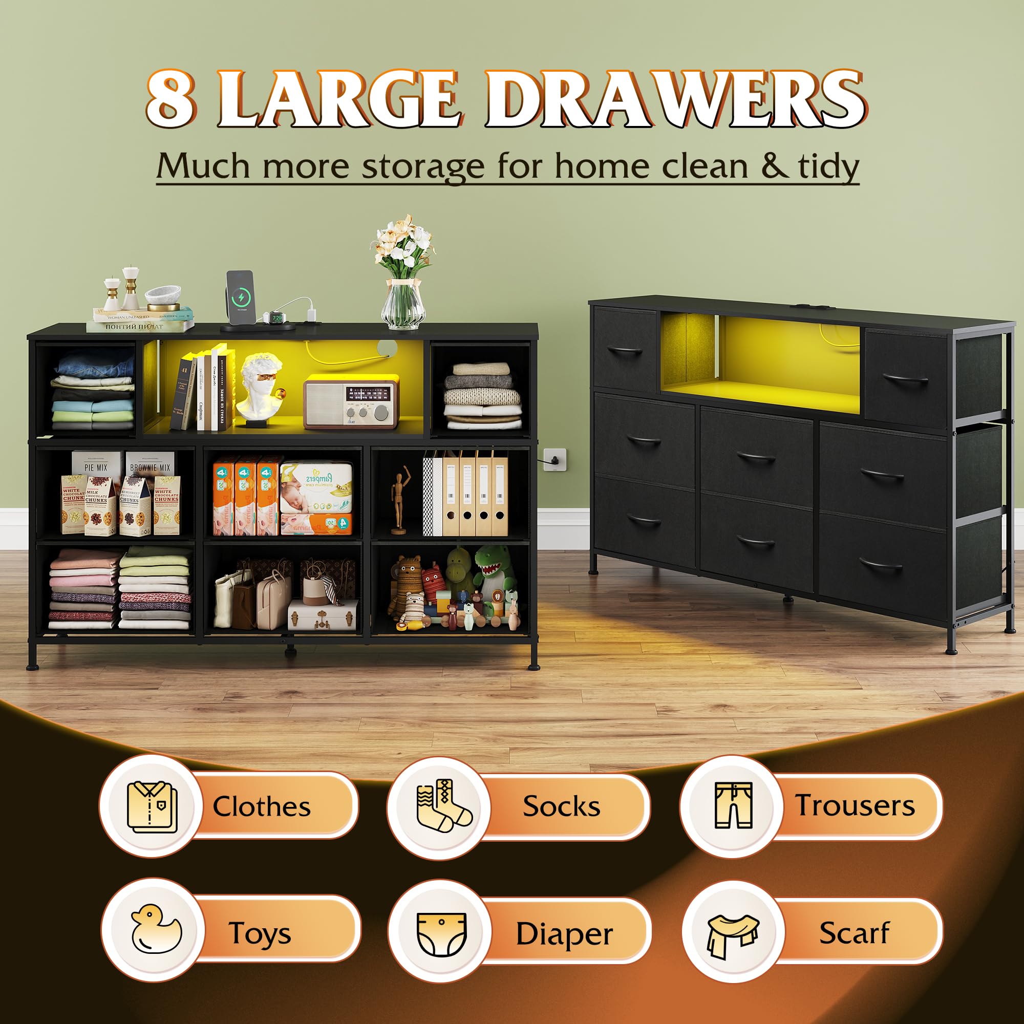 WLIVE 8 fabric drawers keep living room items neatly organized.