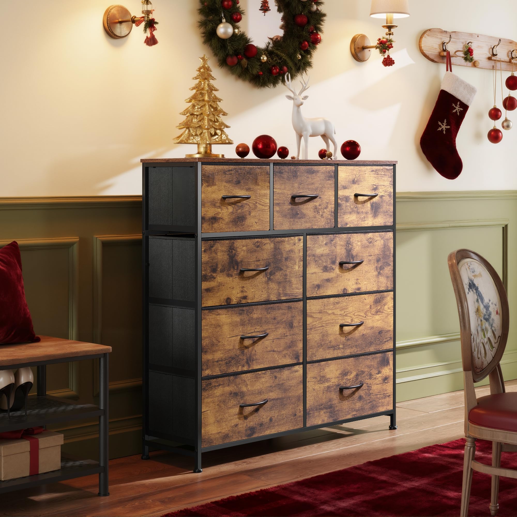 WLIVE 9-drawer dresser drawers open, showcasing ample fabric storage for toys and accessories.