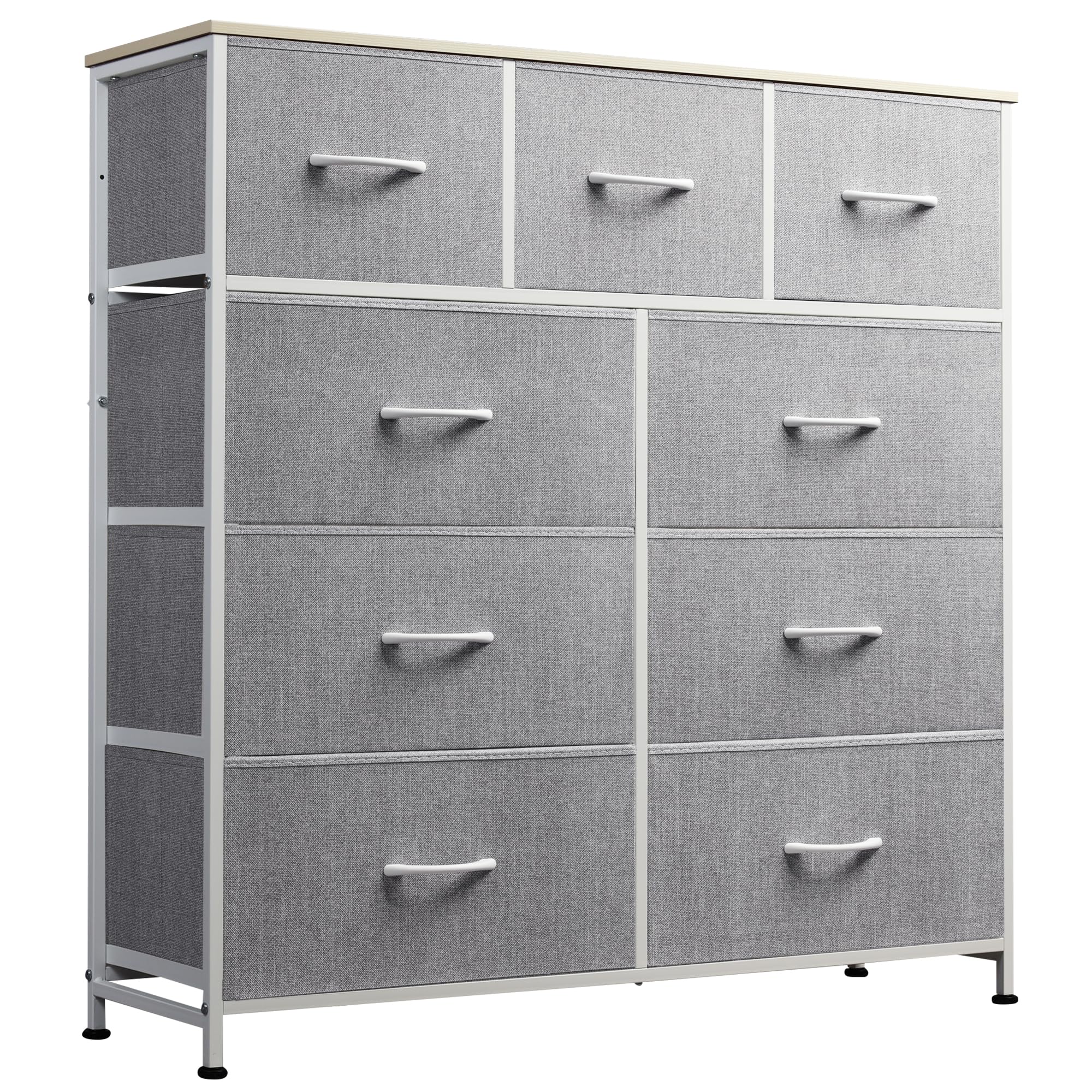 WLIVE 9-drawer fabric dresser with closed drawers for clutter control in a chic bedroom.