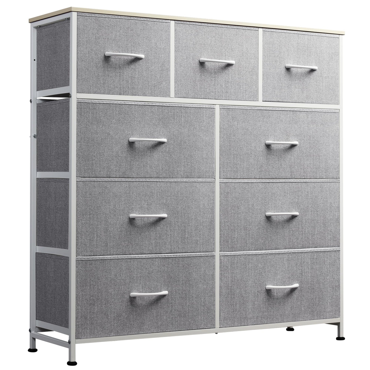WLIVE 9-drawer fabric dresser with closed drawers for clutter control in a chic bedroom.