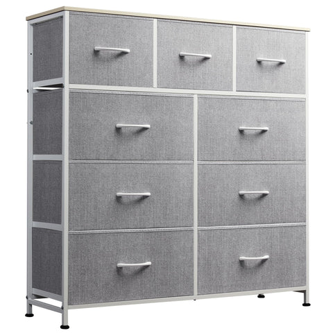 WLIVE 9-drawer fabric dresser with closed drawers for clutter control in a chic bedroom.