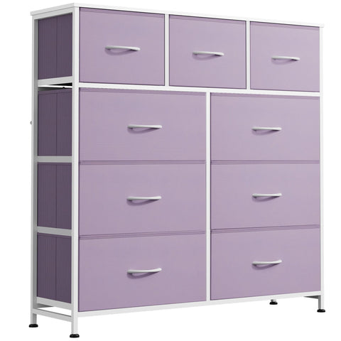 WLIVE 9-drawer dresser front view with purple fabric drawers and wood top for organized clothing