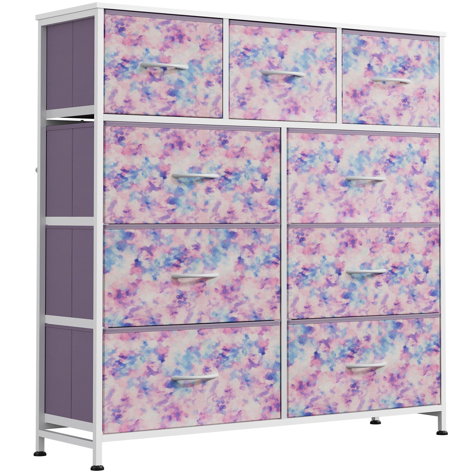 WLIVE 9-drawer fabric tower in tie-dye pink purple blue for bedroom organization