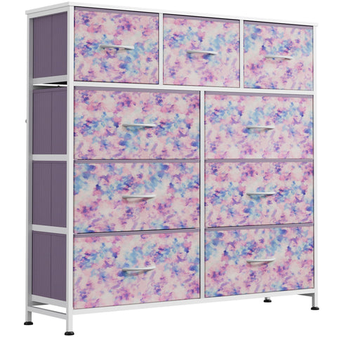 WLIVE 9-drawer fabric tower in tie-dye pink purple blue for bedroom organization