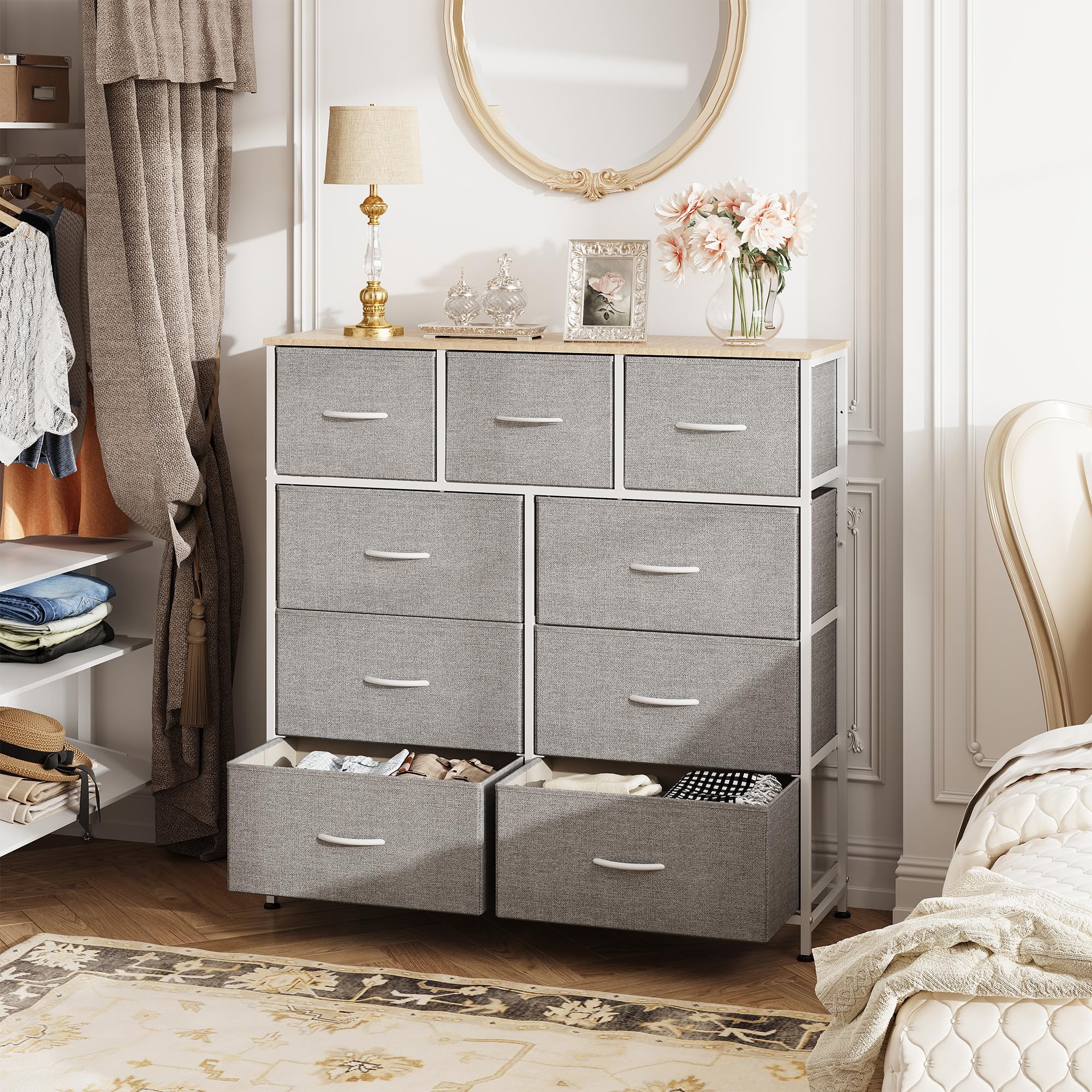 WLIVE fabric dresser steel frame close-up shows sturdy construction and contemporary style.