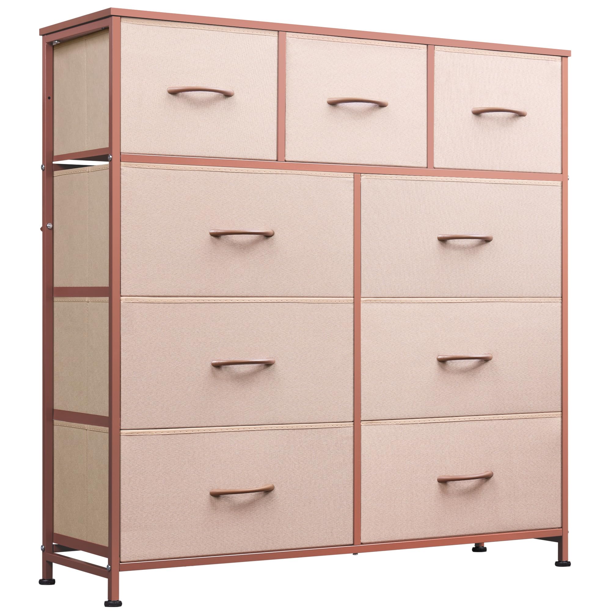 WLIVE 9-Drawer Dresser with wood top and pink bins provides sturdy surface for lamps and decor