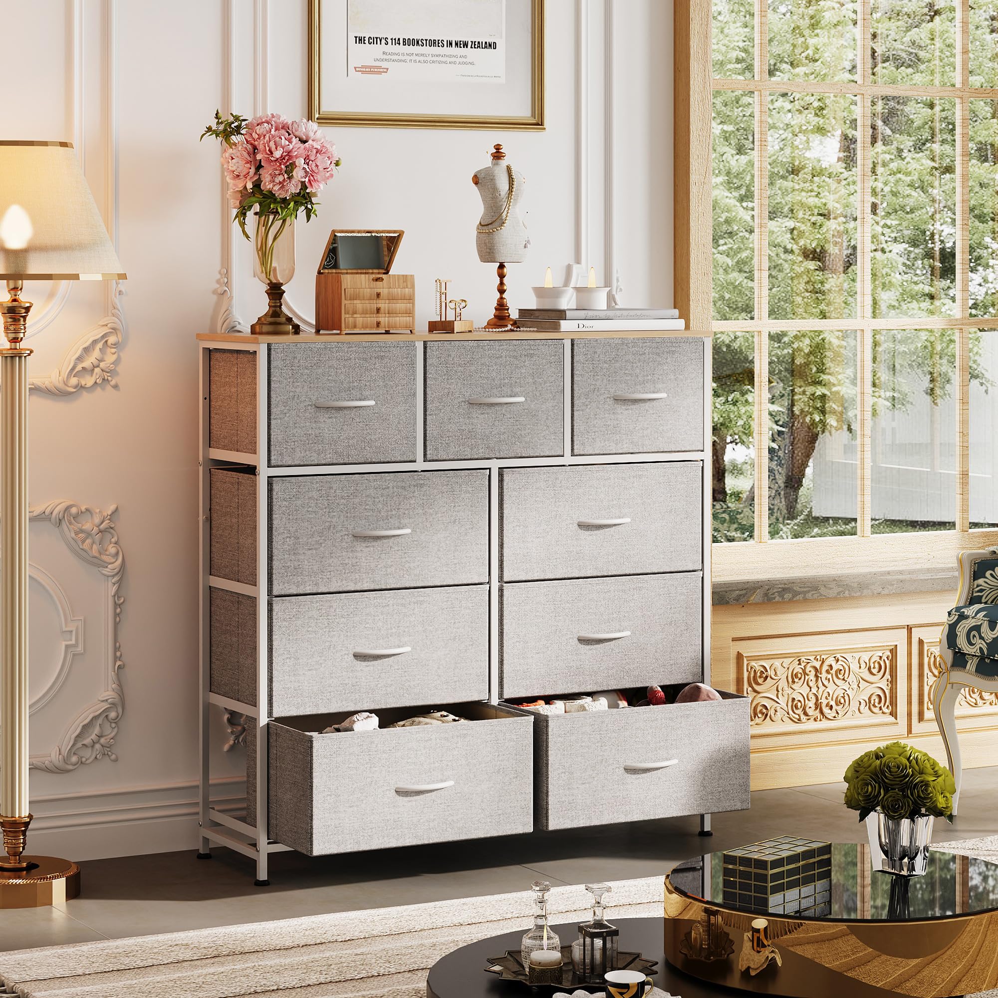 WLIVE 9-drawer dresser wood top scene with lamp and clock for daily essentials.