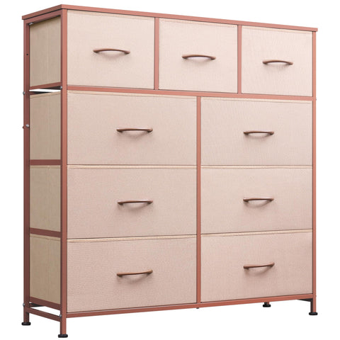 WLIVE 9-Drawer Dresser with wood top and pink bins provides sturdy surface for lamps and decor